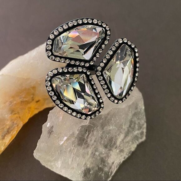 IP Black Stainless Steel Crystal Statement Ring 8 - Picture 11 of 11